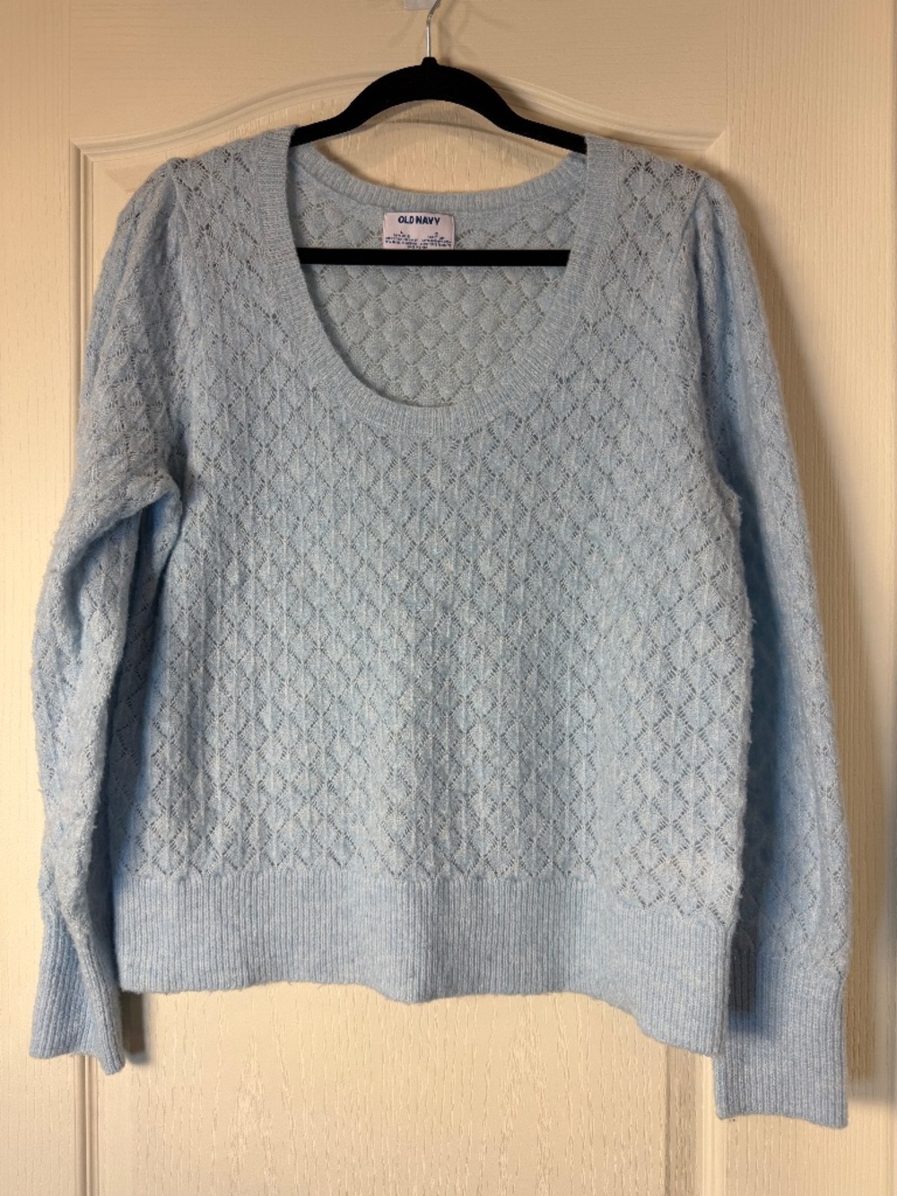 Pale Blue Pointelle Open Knit Sweater Wool Blend Sheer Wide Neck Size L Layering